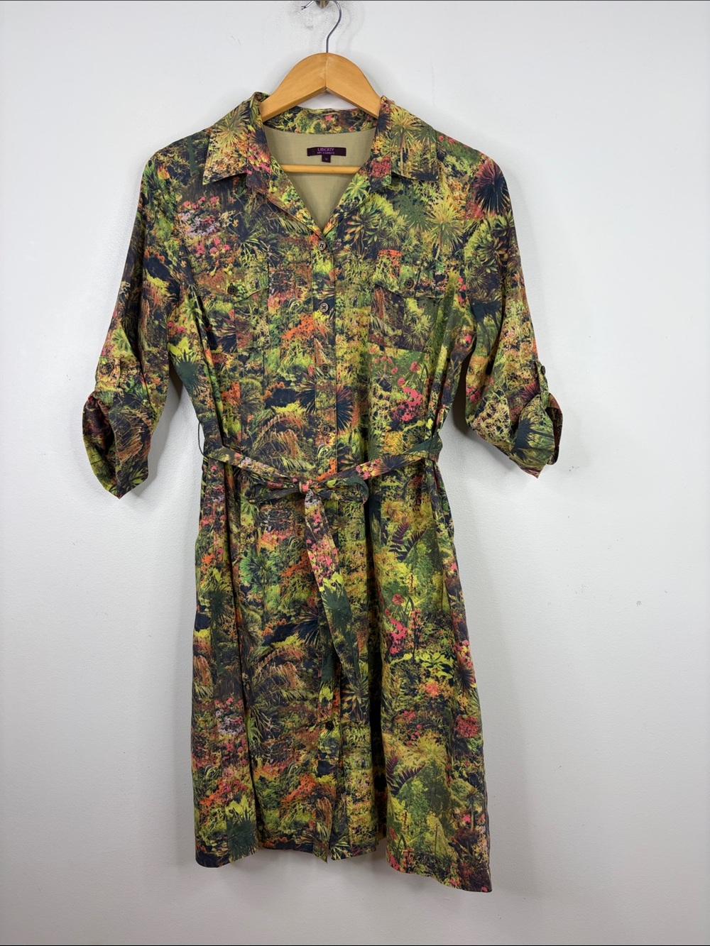 Liberty Art Fabrics Shirtdress Womens 12 Green Orange Tropical Floral Cotton